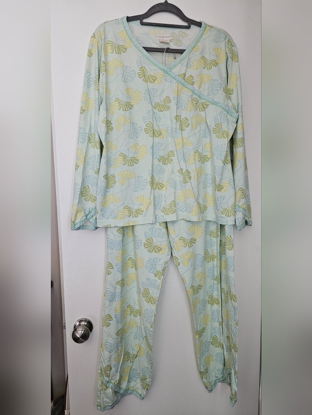 Garnet Hill 100% Green Cotton Ginko Leaf Print Pajama Set, XL, Size 16-18